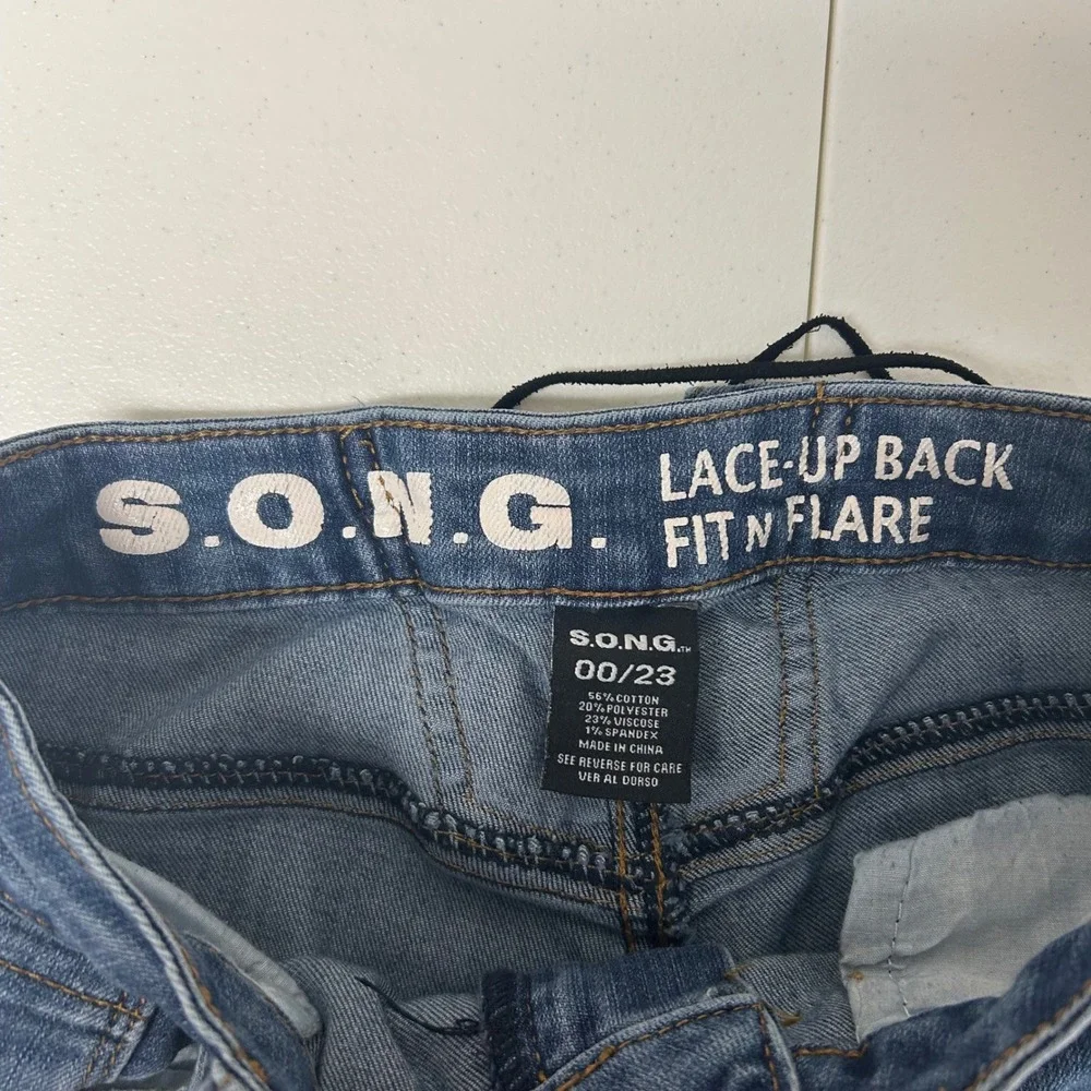 S.O.N.G. Flare Jeans Womens 00/23‎ Blue Lace-Up Back High Rise Fit N Flare